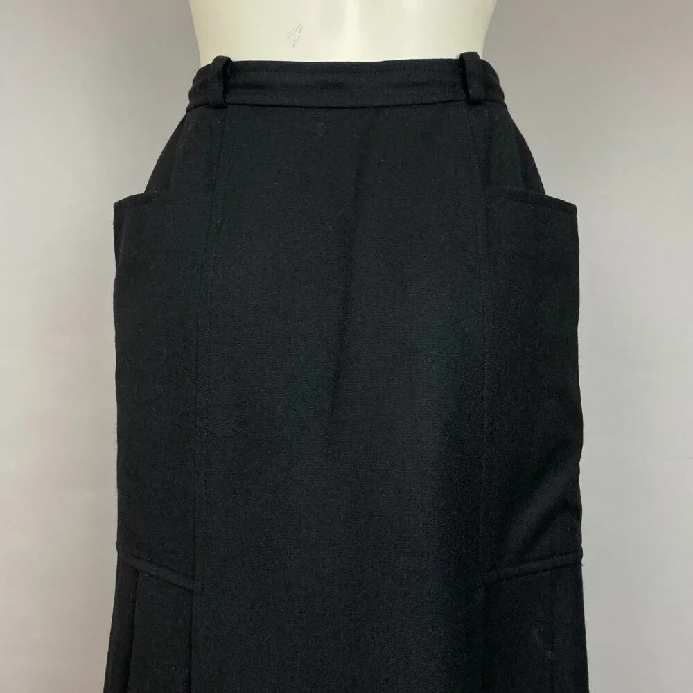 Vintage Henri Luc‎ Chapuis H-L Wool Skirt Pleated Black Lined Wide Pockets Snaps